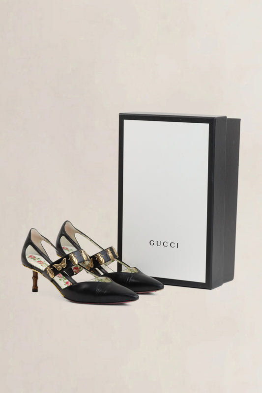 Black Leather Cutout Bamboo Pumps
