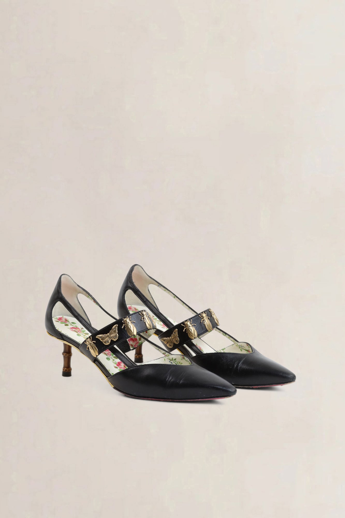 Black Leather Cutout Bamboo Pumps