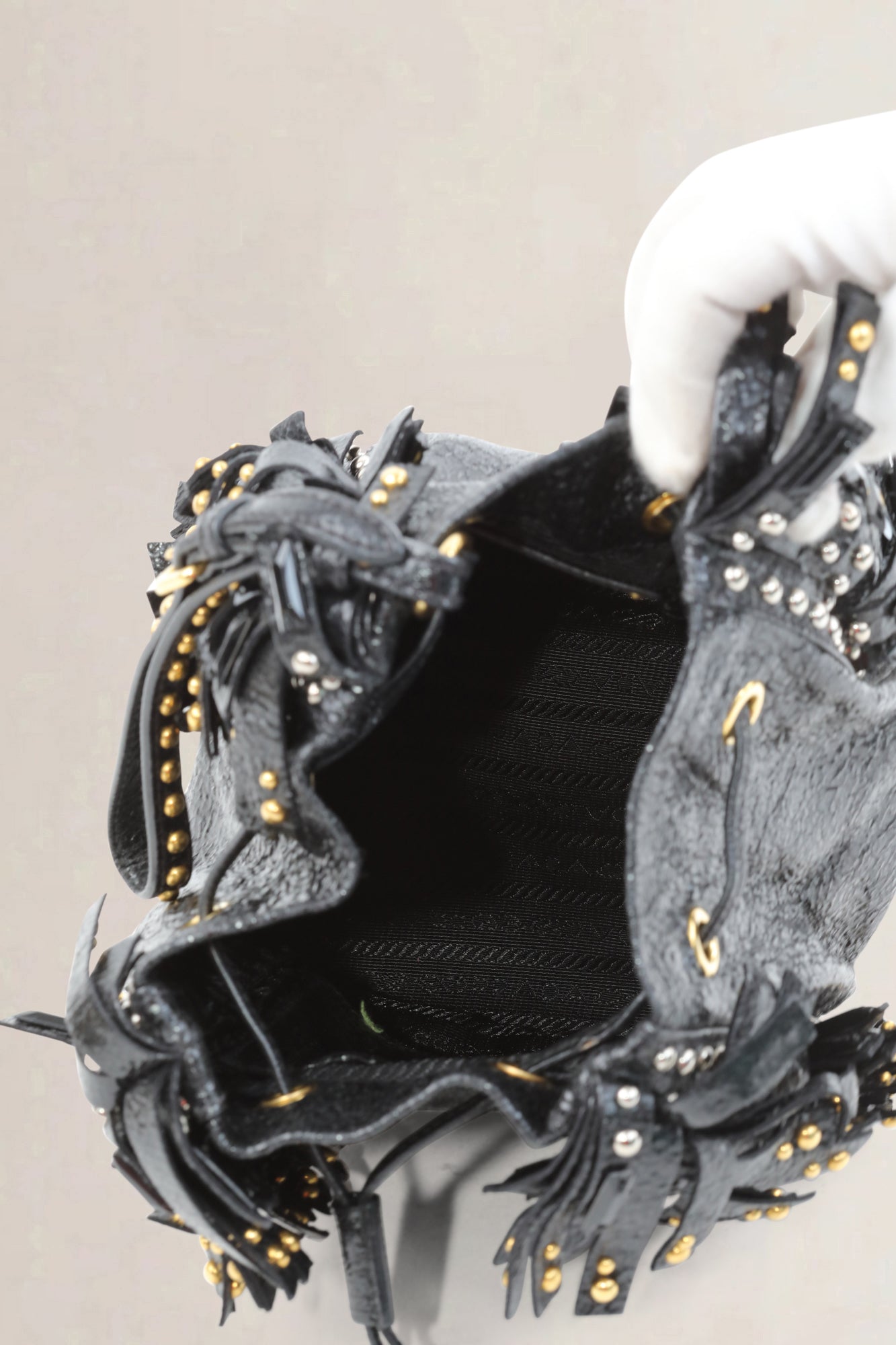 Black Studded Drawstring Fringe Top Handle Bag