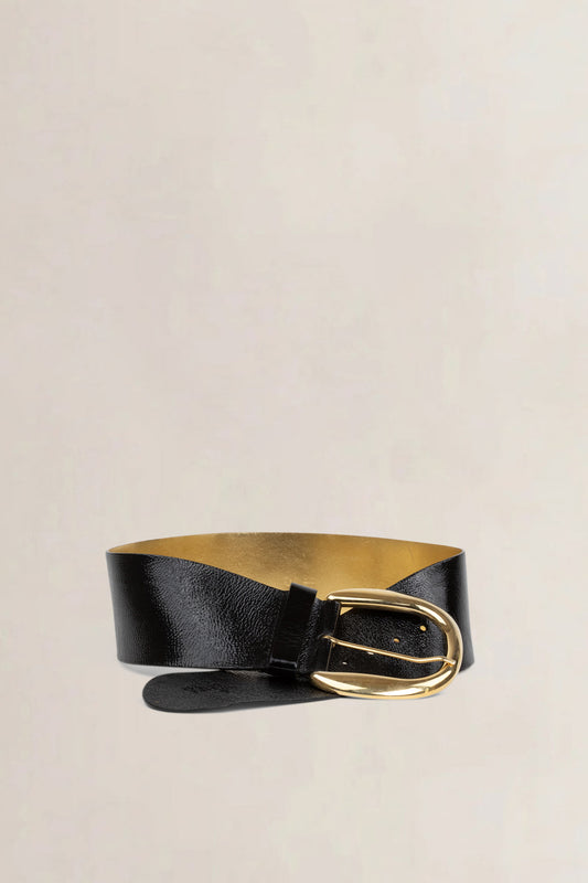 Black Gold Buckle Patent Leather Wide Belt