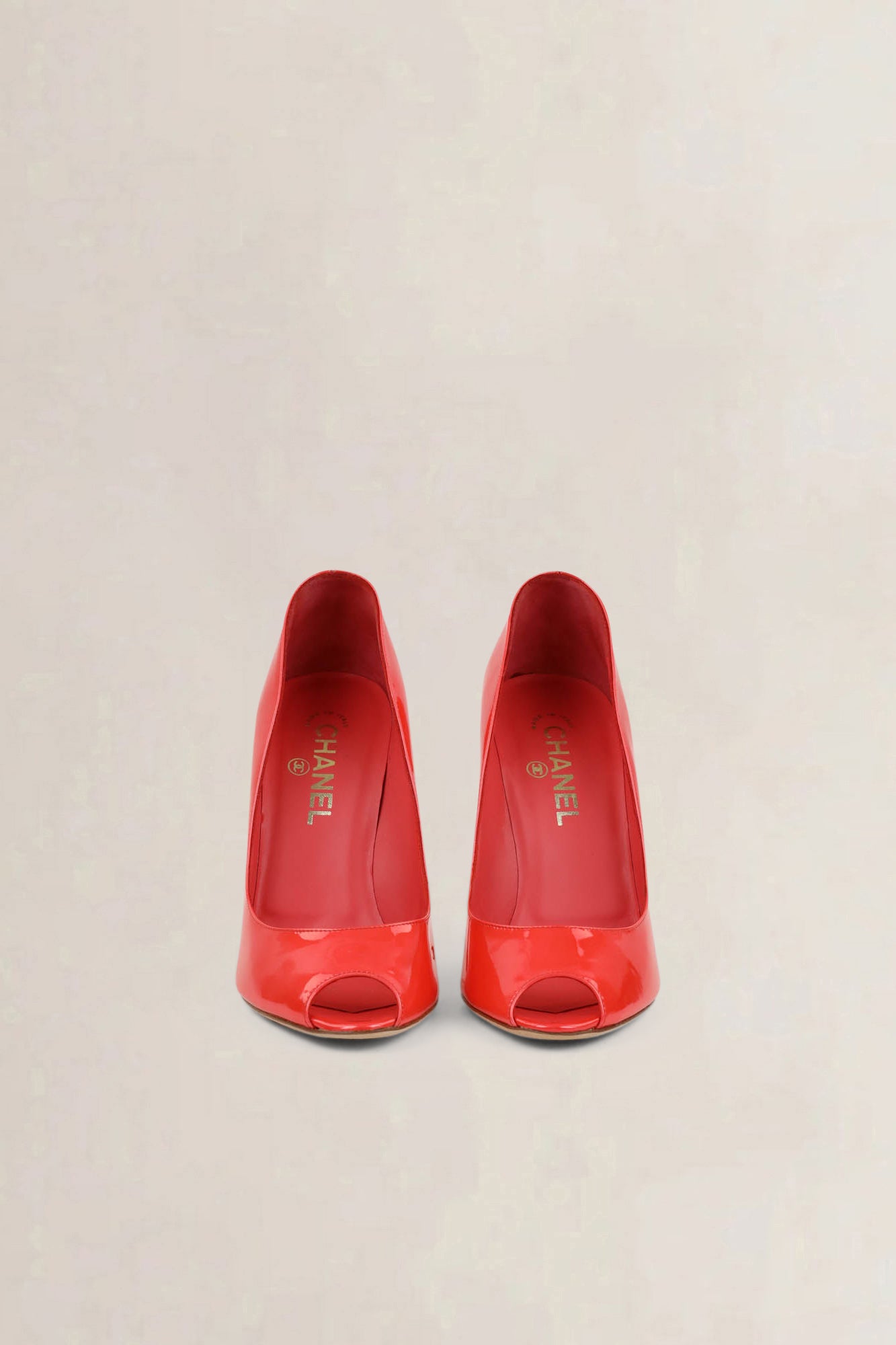 Chanel Coral Patent Leather Open Toe Pumps