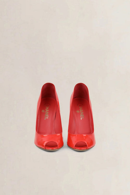 Chanel Coral Patent Leather Open Toe Pumps