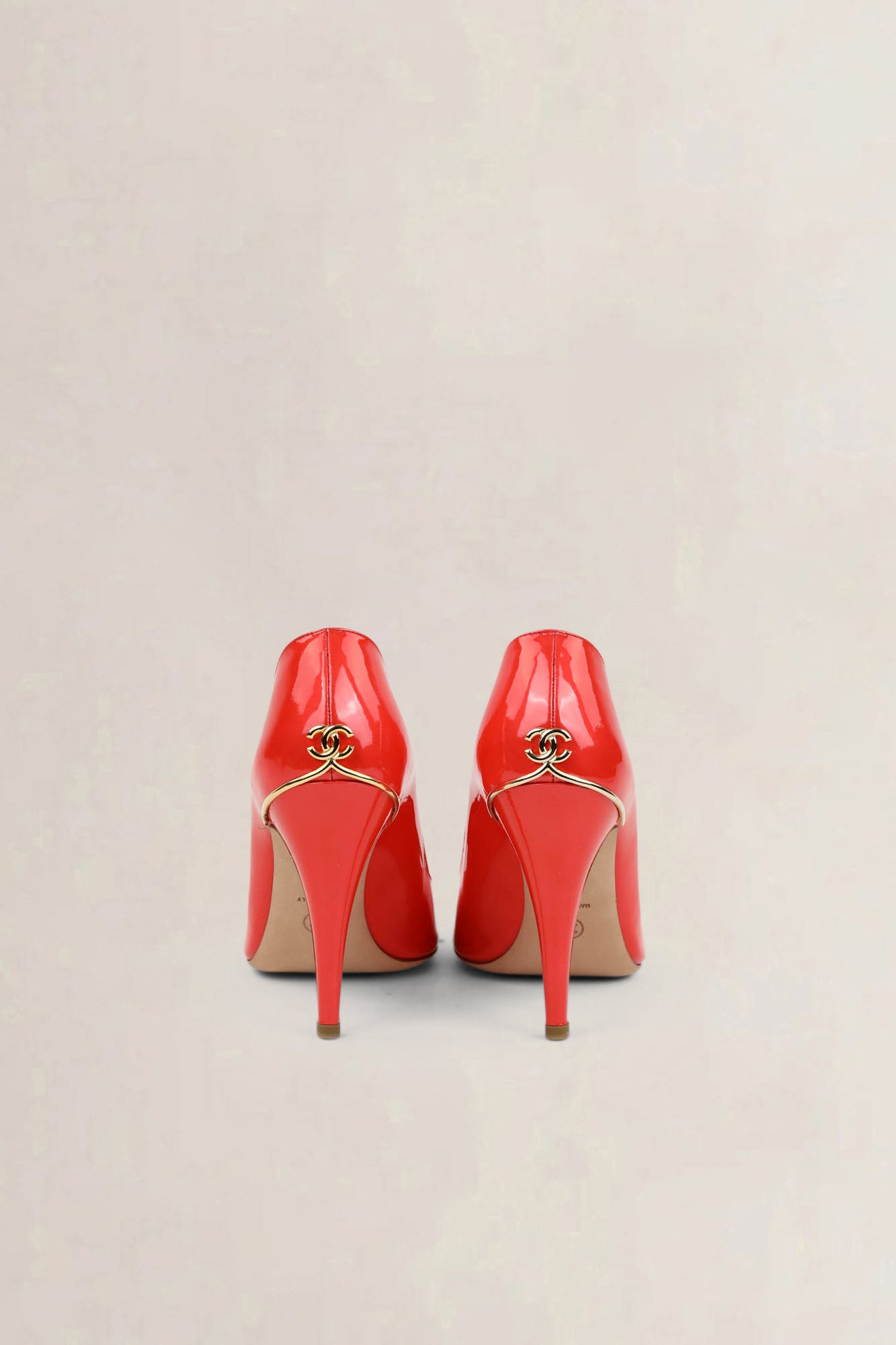 Chanel Coral Patent Leather Open Toe Pumps