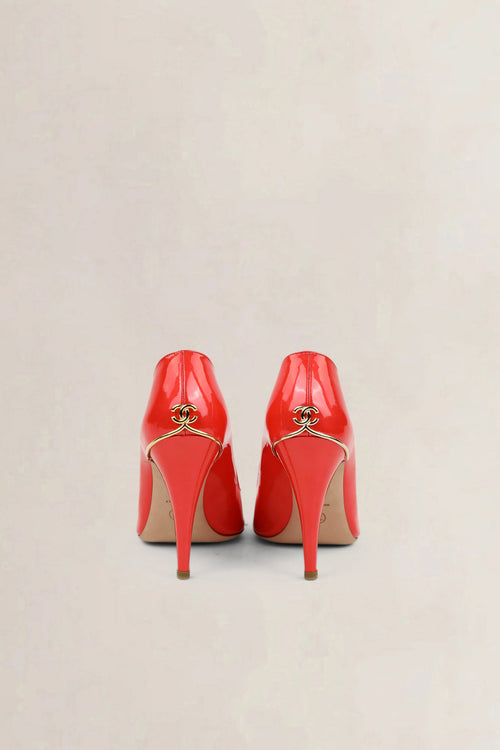 Chanel Coral Patent Leather Open Toe Pumps