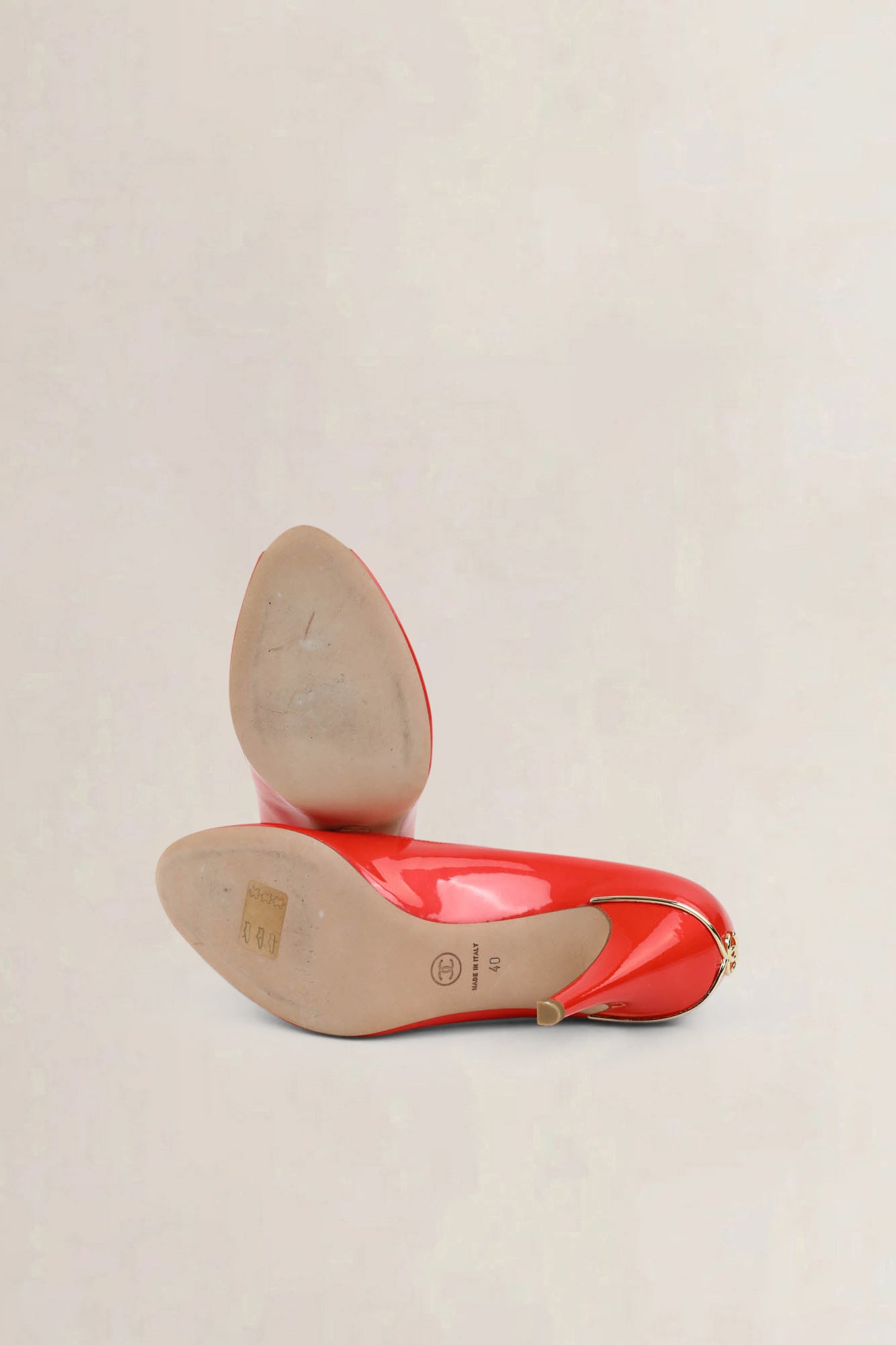 Chanel Coral Patent Leather Open Toe Pumps