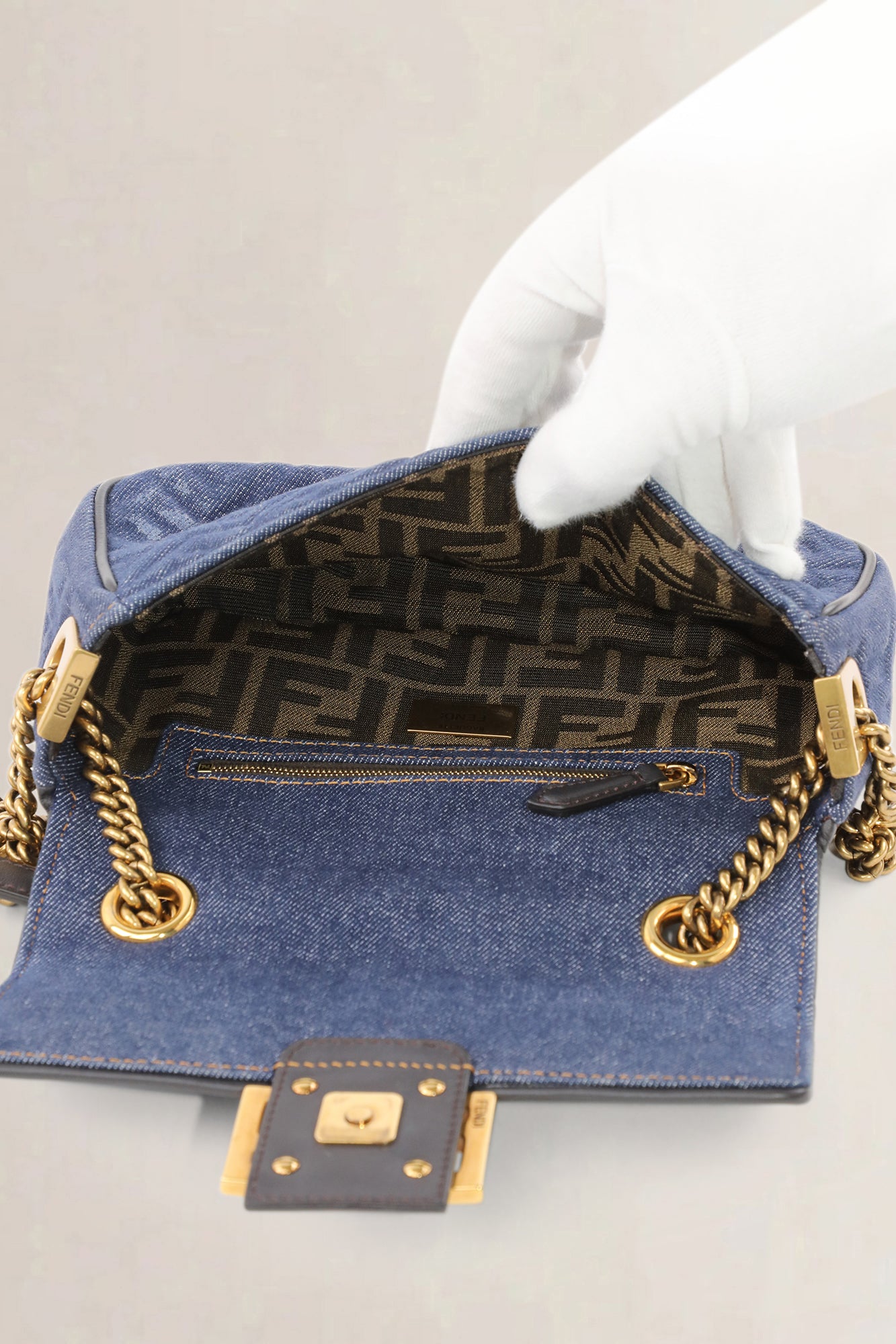 Fendi Dark Blue Denim Chain Baguette Midi — preloved