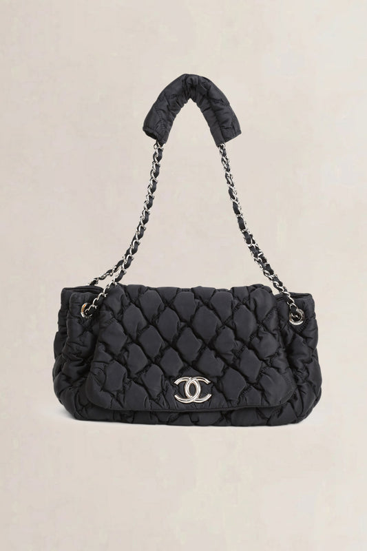 Black Quilted Bubble Jersey Flap Bag