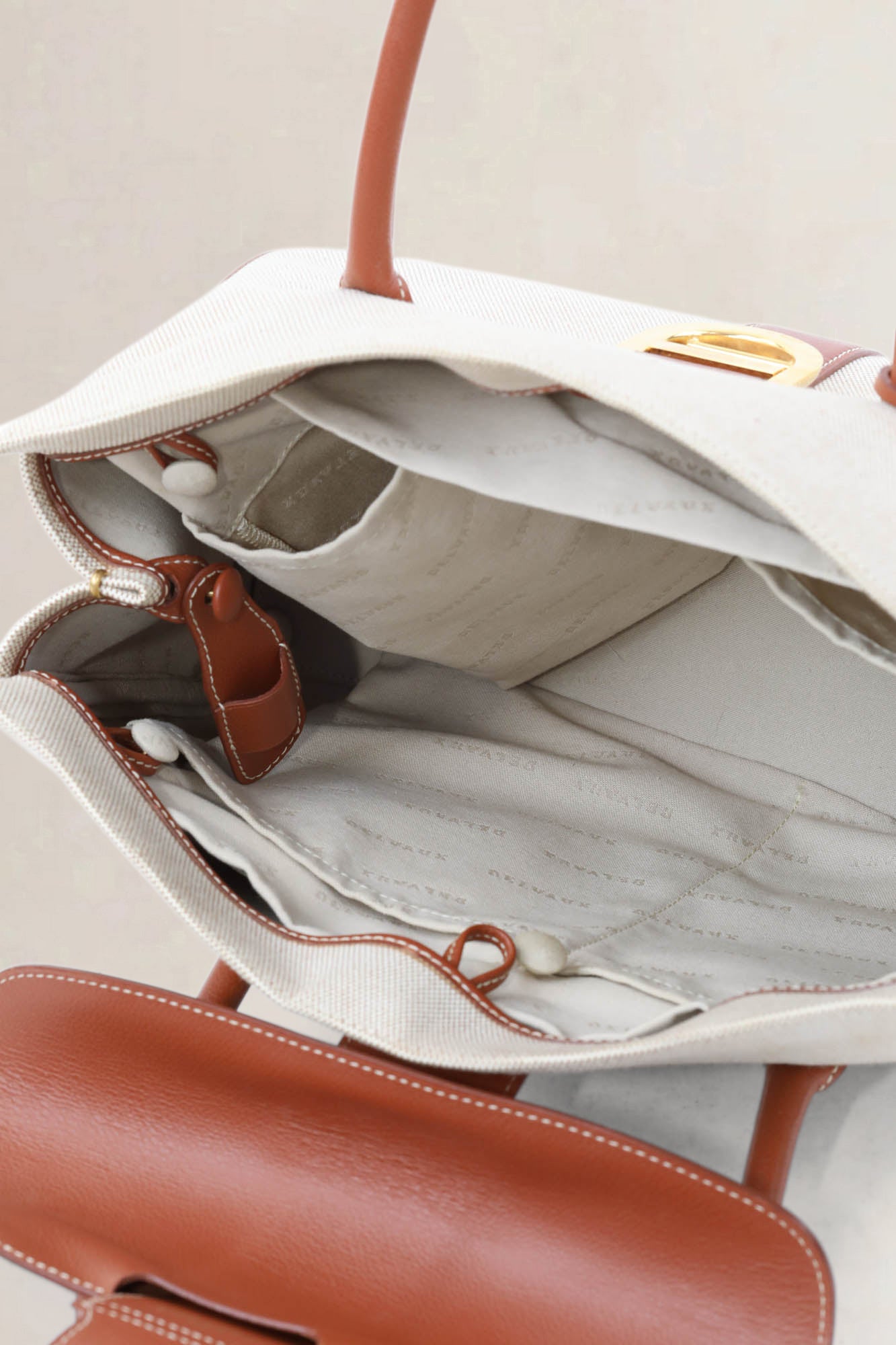 Beige/Brown Canvas Cabriolet Top Handle Bag