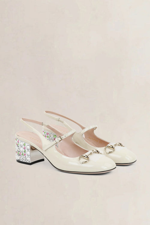 Gucci Ivory Lady Horsebit Crystal Embellished Mary Jane Pumps