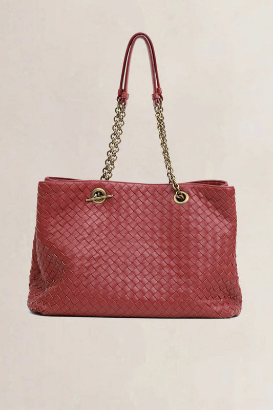 Burgundy Intrecciato Leather Chain Tote Bag
