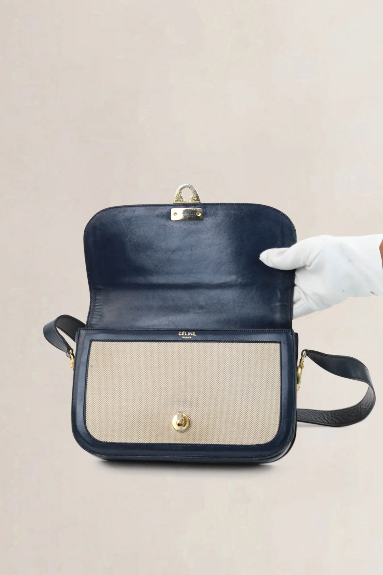 Céline Vintage Blue Leather Canvas Shoulder Bag