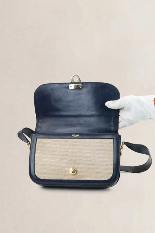 Céline Vintage Blue Leather Canvas Shoulder Bag