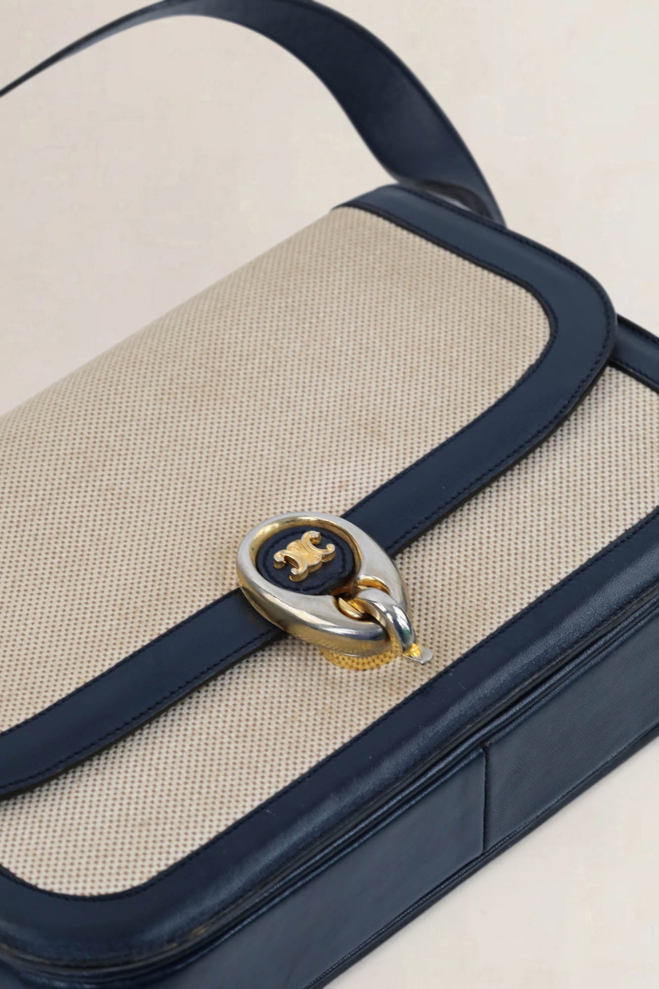 Céline Vintage Blue Leather Canvas Shoulder Bag