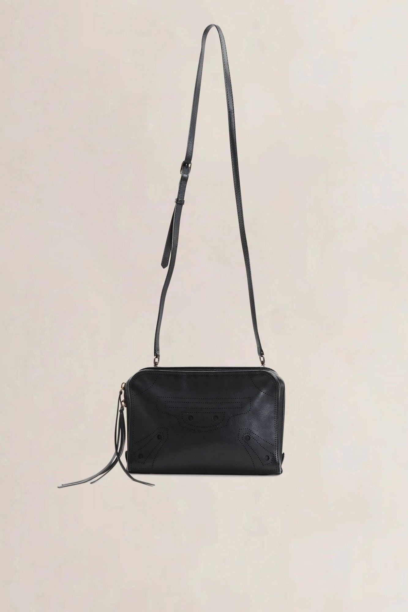 Black Calfskin Leather Reporter Blackout Crossbody Bag
