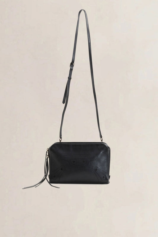 Black Calfskin Leather Reporter Blackout Crossbody Bag