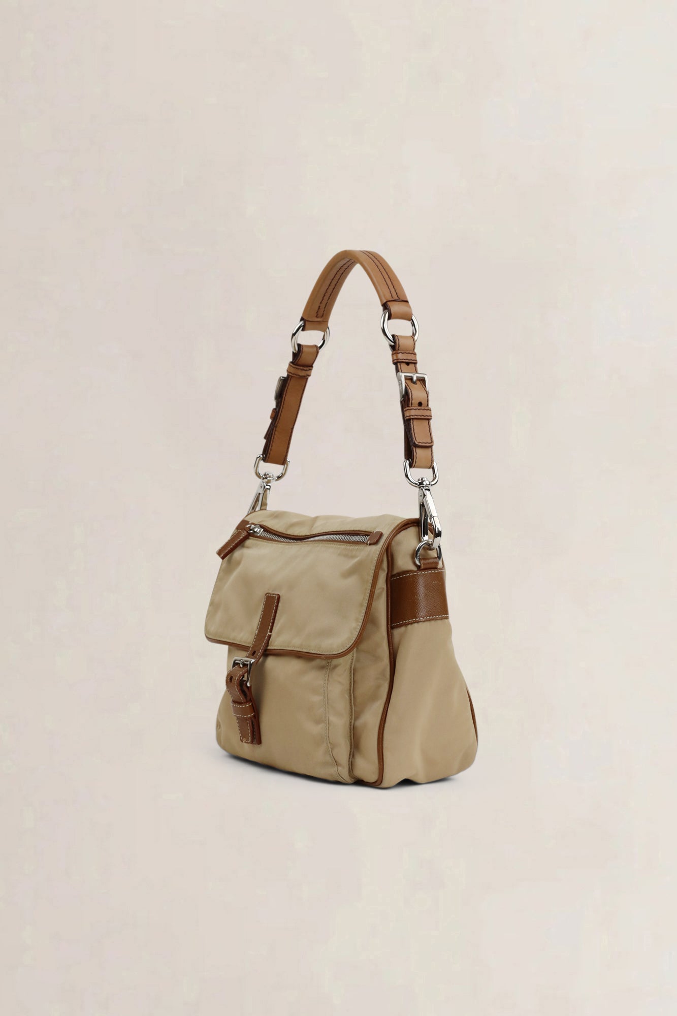 Beige/Brown Nylon Shoulder Bag