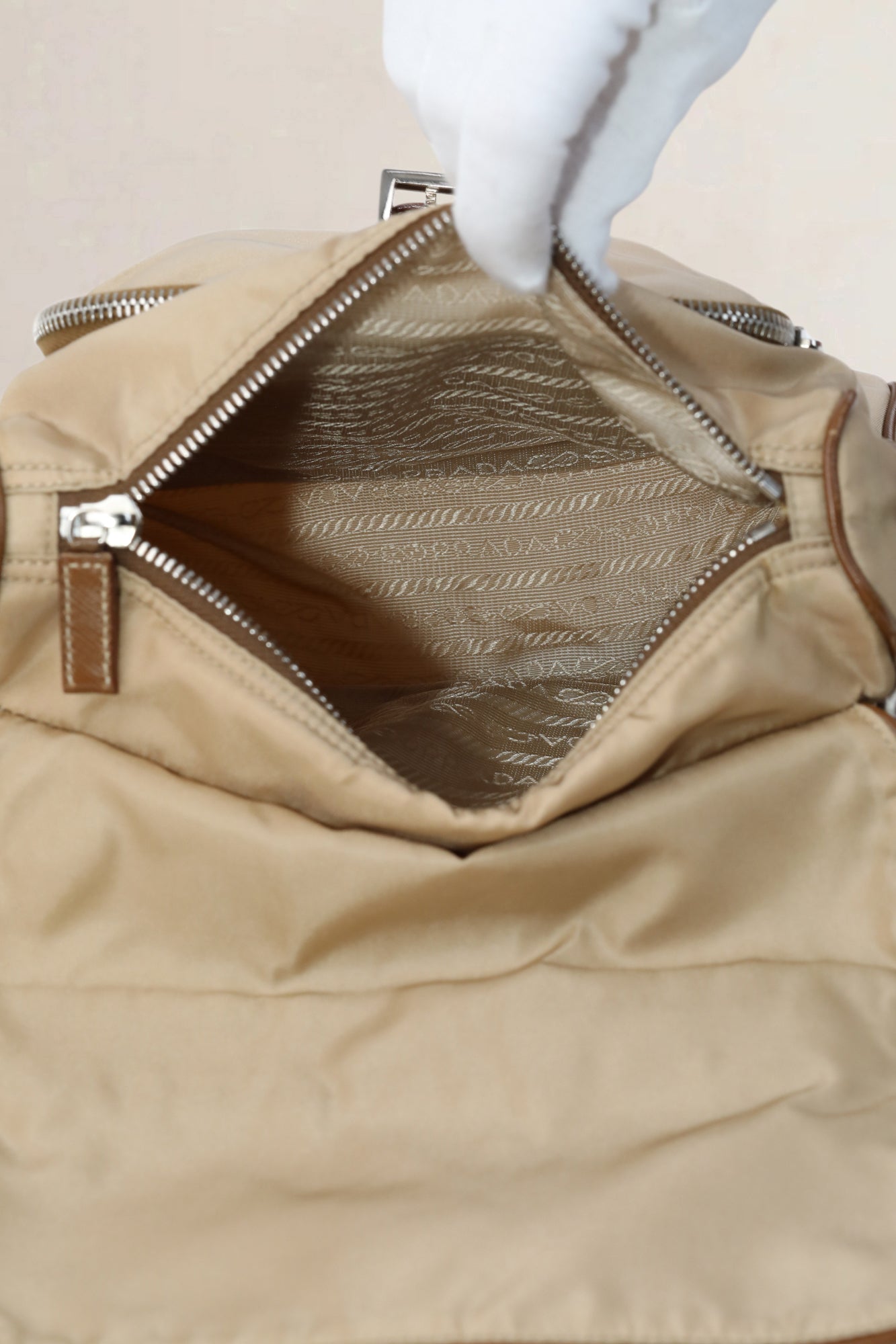 Beige/Brown Nylon Shoulder Bag