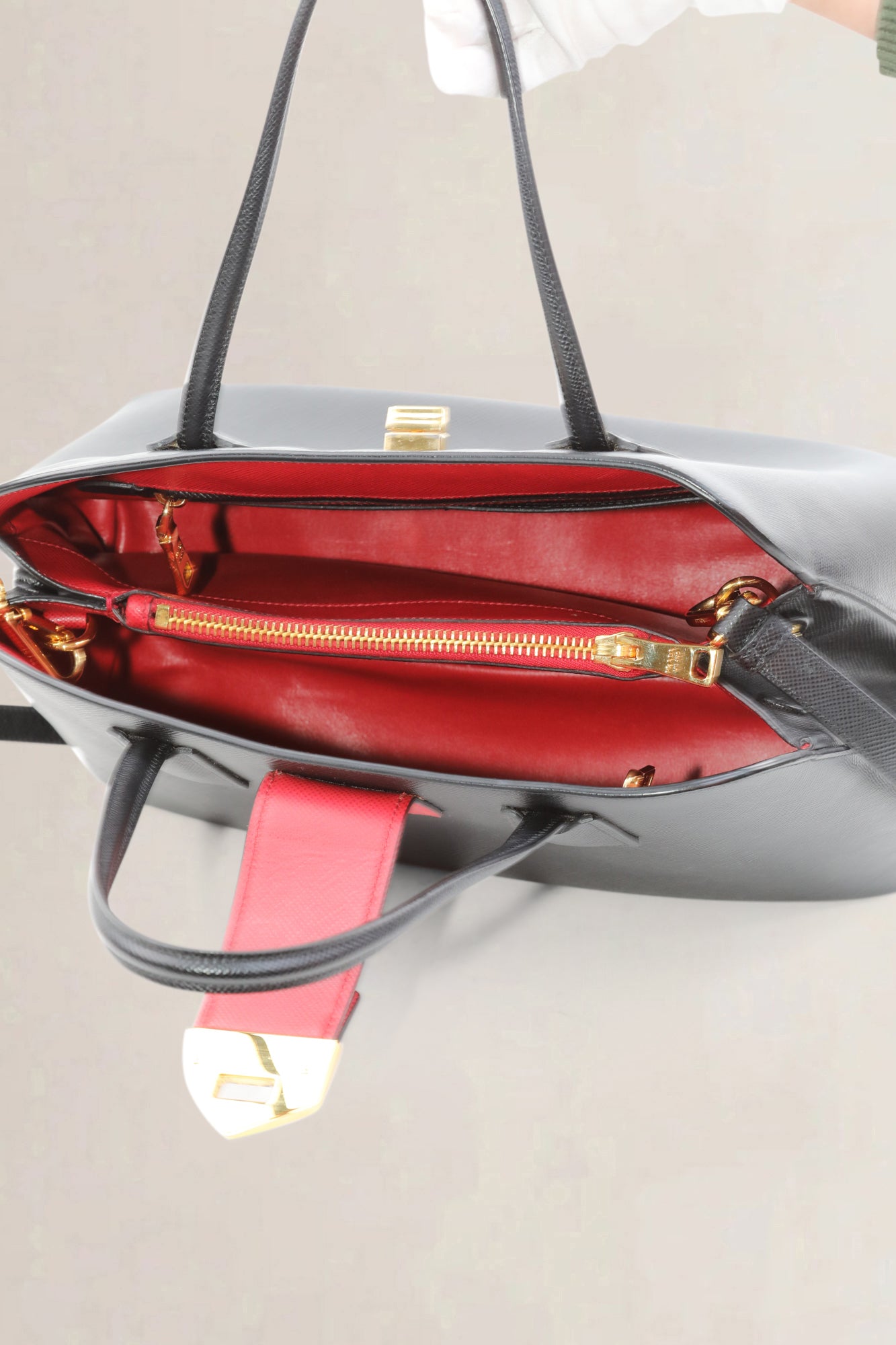 Black/Red Saffiano Leather Top Handle Bag