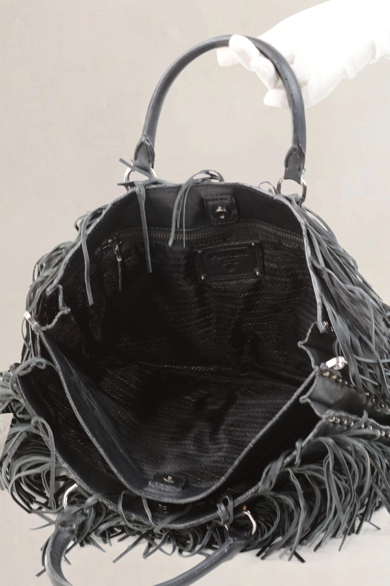Black Nappa Fringe Top Handle Bag