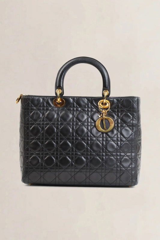 Black Lady Dior Large Cannage Lambskin Top Handle Bag