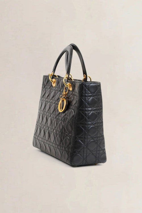 Christian Dior Black Lady Dior Large Cannage Lambskin Top Handle Bag