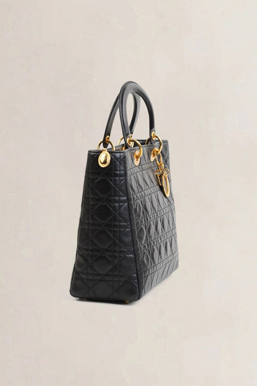 Christian Dior Black Lady Dior Large Cannage Lambskin Top Handle Bag