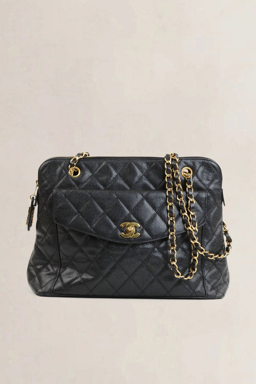 Chanel Black Qaviar Quilted Flap Shoulder Bag