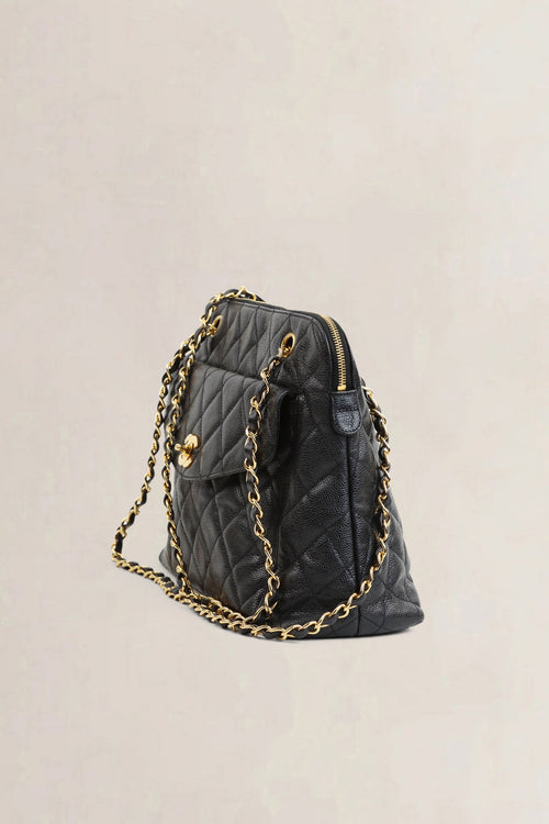 Chanel Black Qaviar Quilted Flap Shoulder Bag