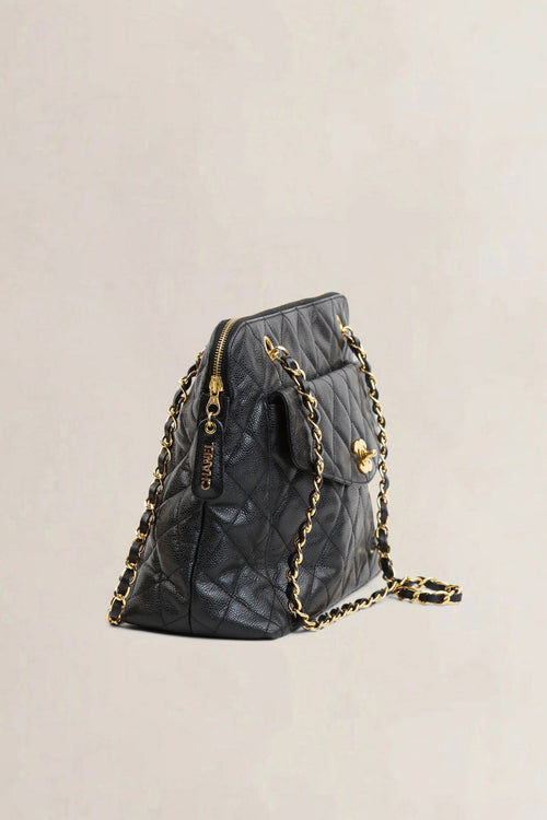 Chanel Black Qaviar Quilted Flap Shoulder Bag