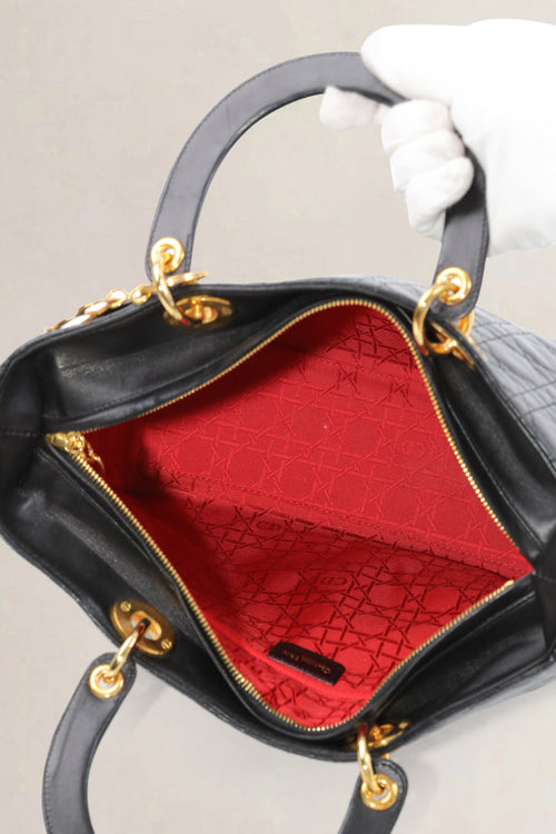 Christian Dior Black Lady Dior Large Cannage Lambskin Top Handle Bag