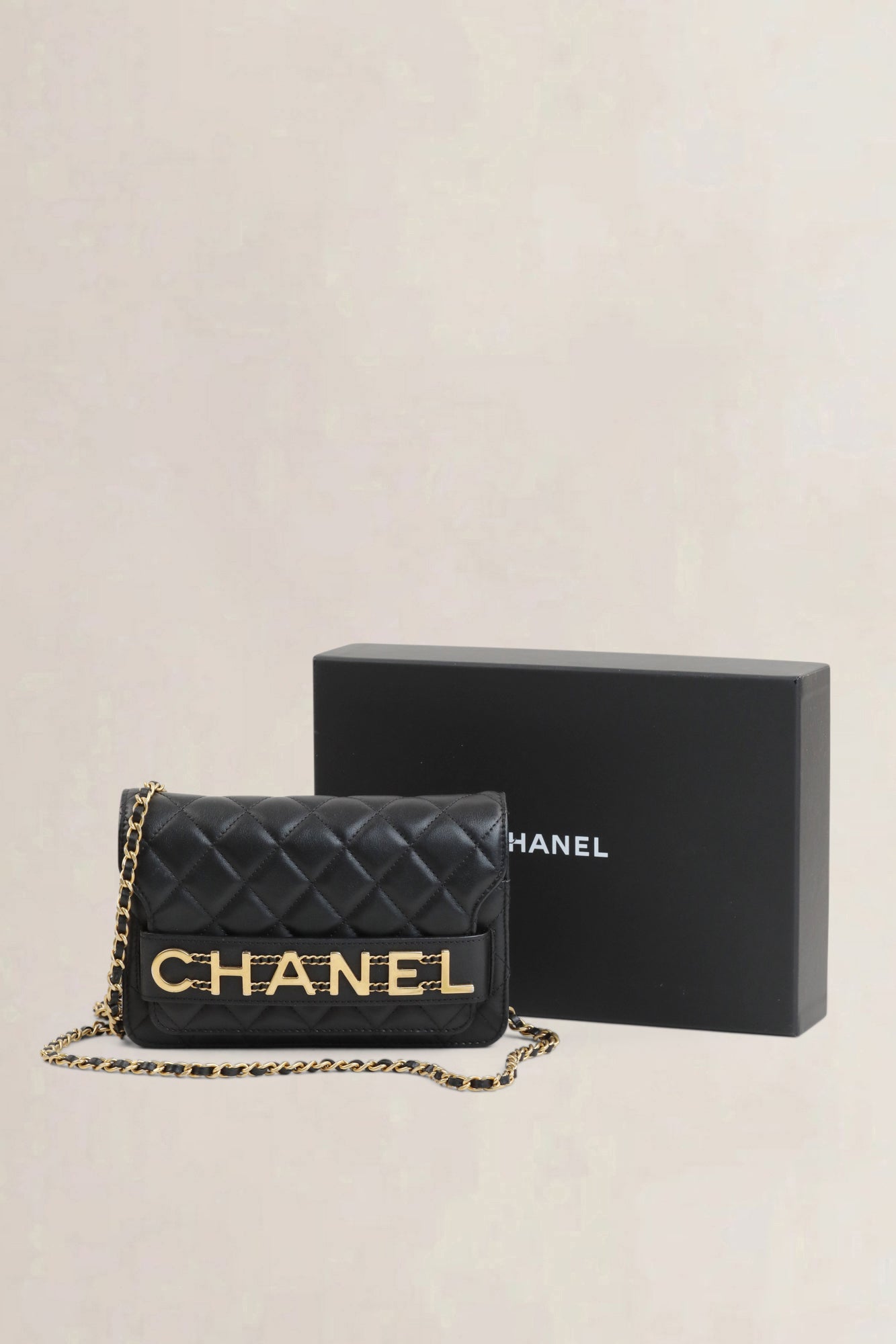 Black Enchained Quilted Calfskin Flap Wallet On Chain