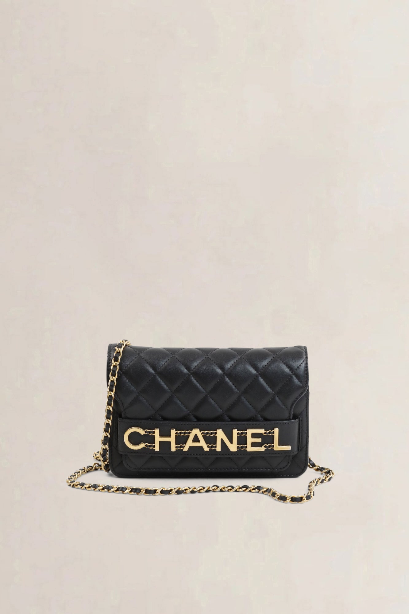 Black Enchained Quilted Calfskin Flap Wallet On Chain