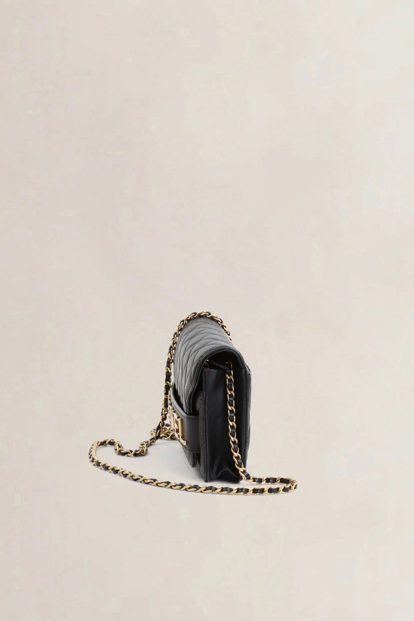 Black Enchained Quilted Calfskin Flap Wallet On Chain