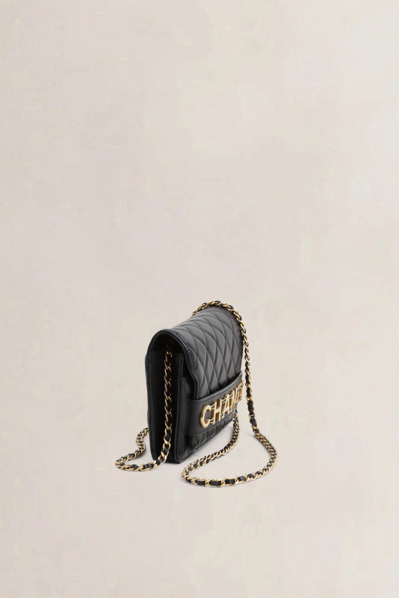 Black Enchained Quilted Calfskin Flap Wallet On Chain