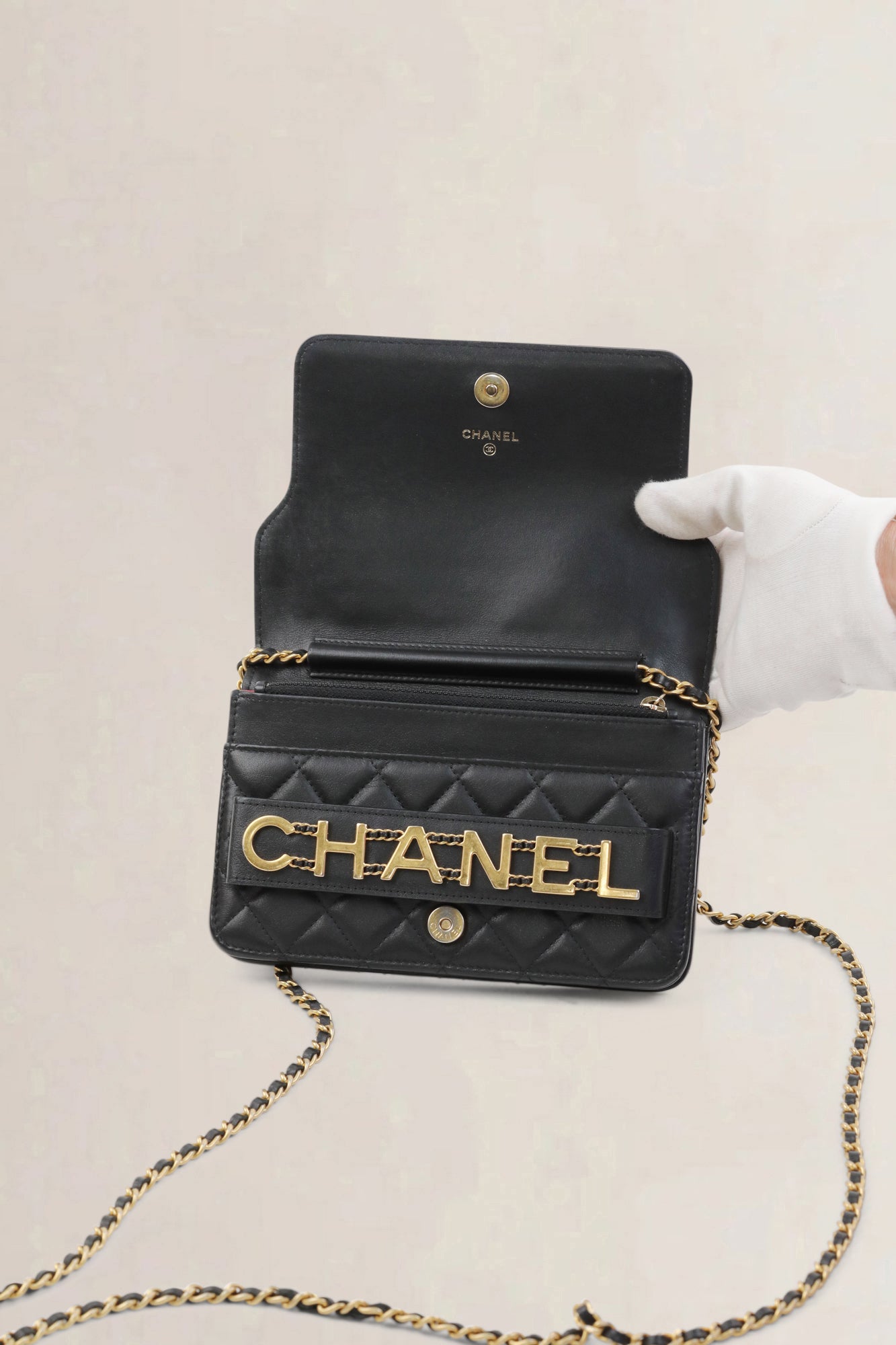 Black Enchained Quilted Calfskin Flap Wallet On Chain