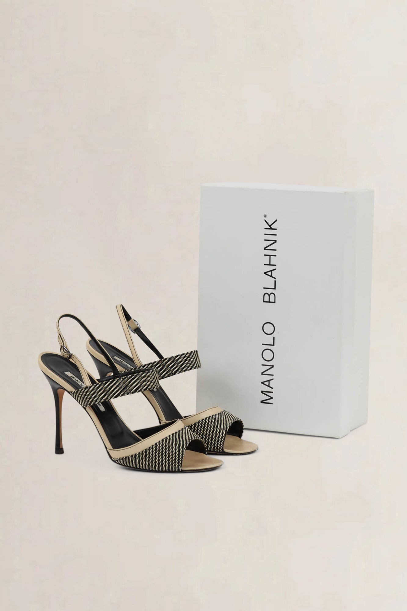 Manolo Blahnik Black/Beige Striped Slingback Heels