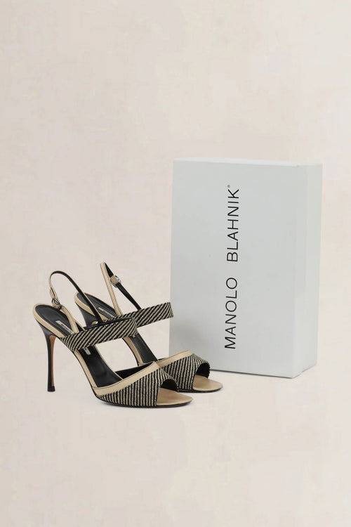 Manolo Blahnik Black/Beige Striped Slingback Heels
