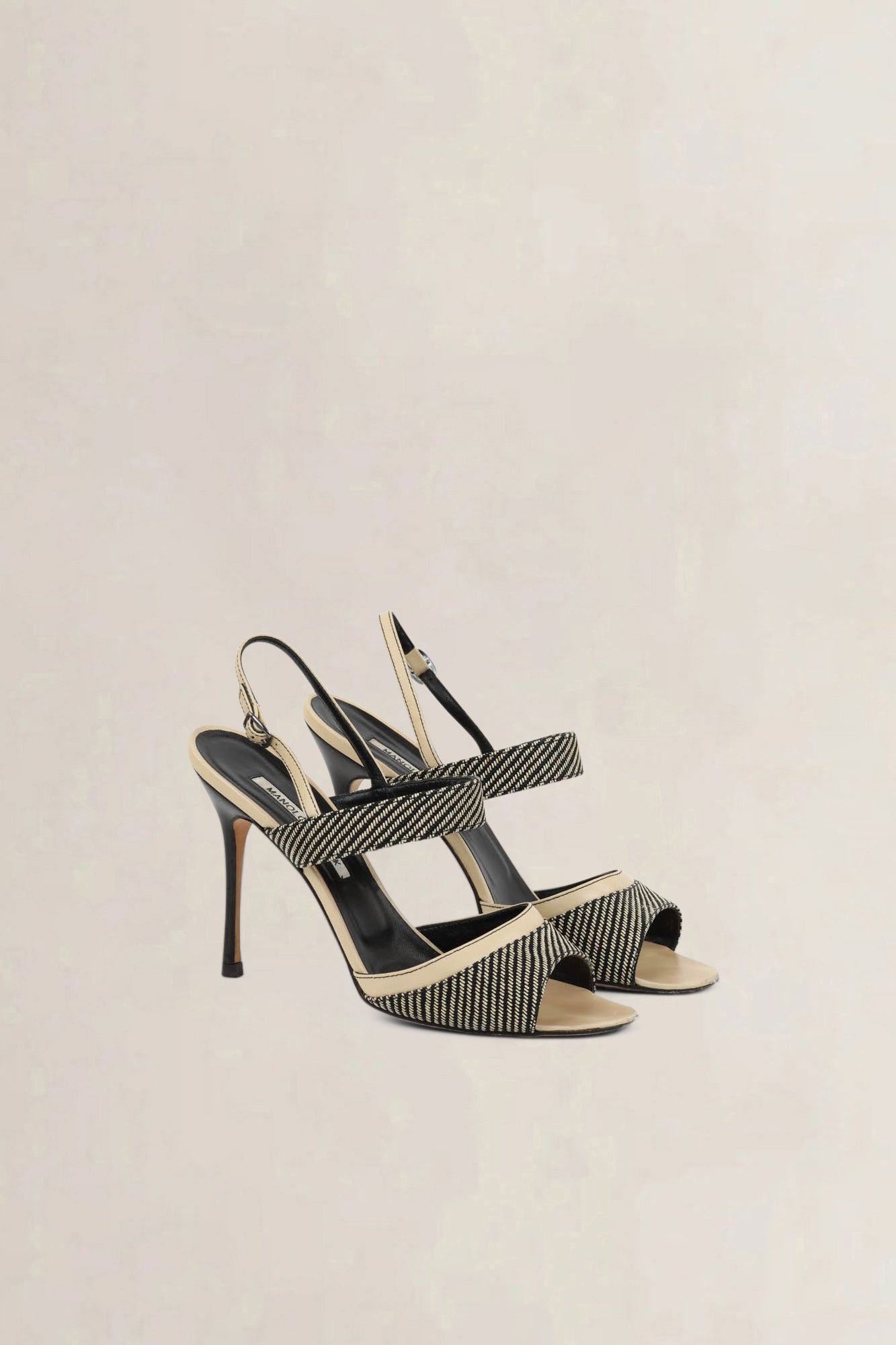 Manolo Blahnik Black/Beige Striped Slingback Heels