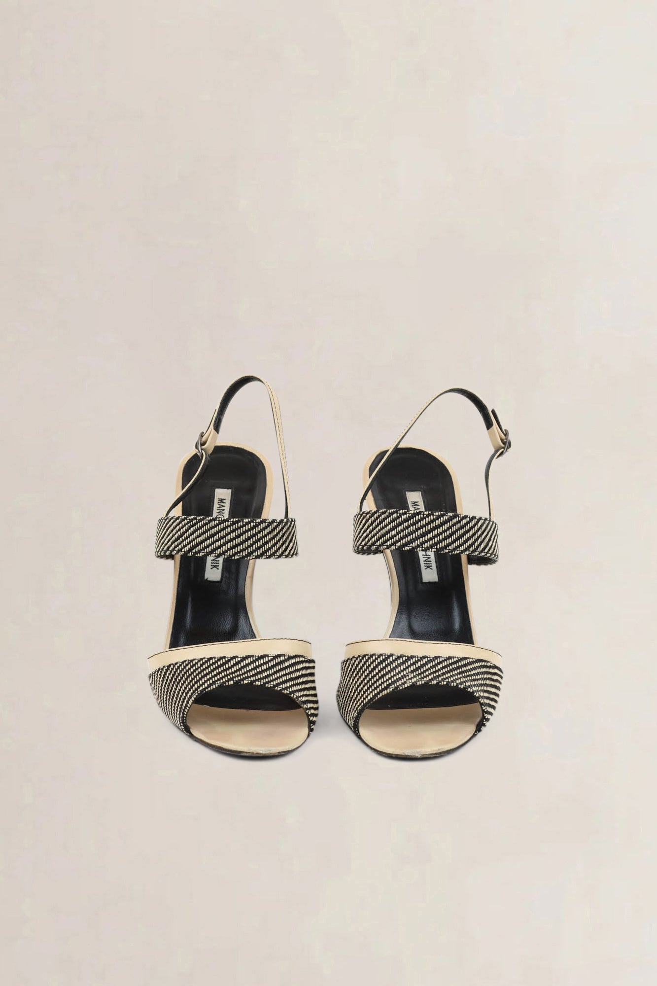 Manolo Blahnik Black/Beige Striped Slingback Heels