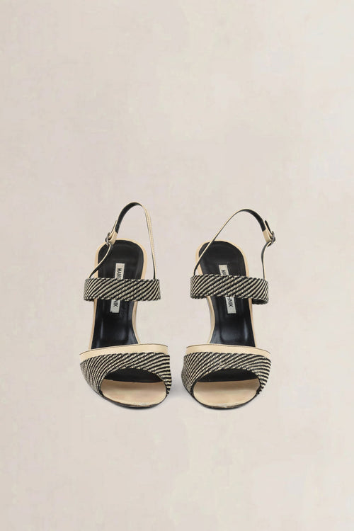Manolo Blahnik Black/Beige Striped Slingback Heels