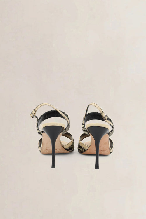 Manolo Blahnik Black/Beige Striped Slingback Heels