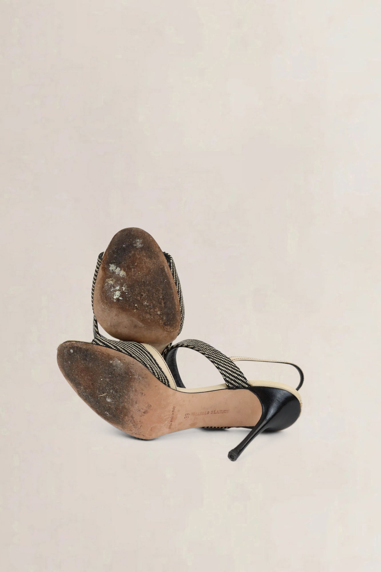 Manolo Blahnik Black/Beige Striped Slingback Heels