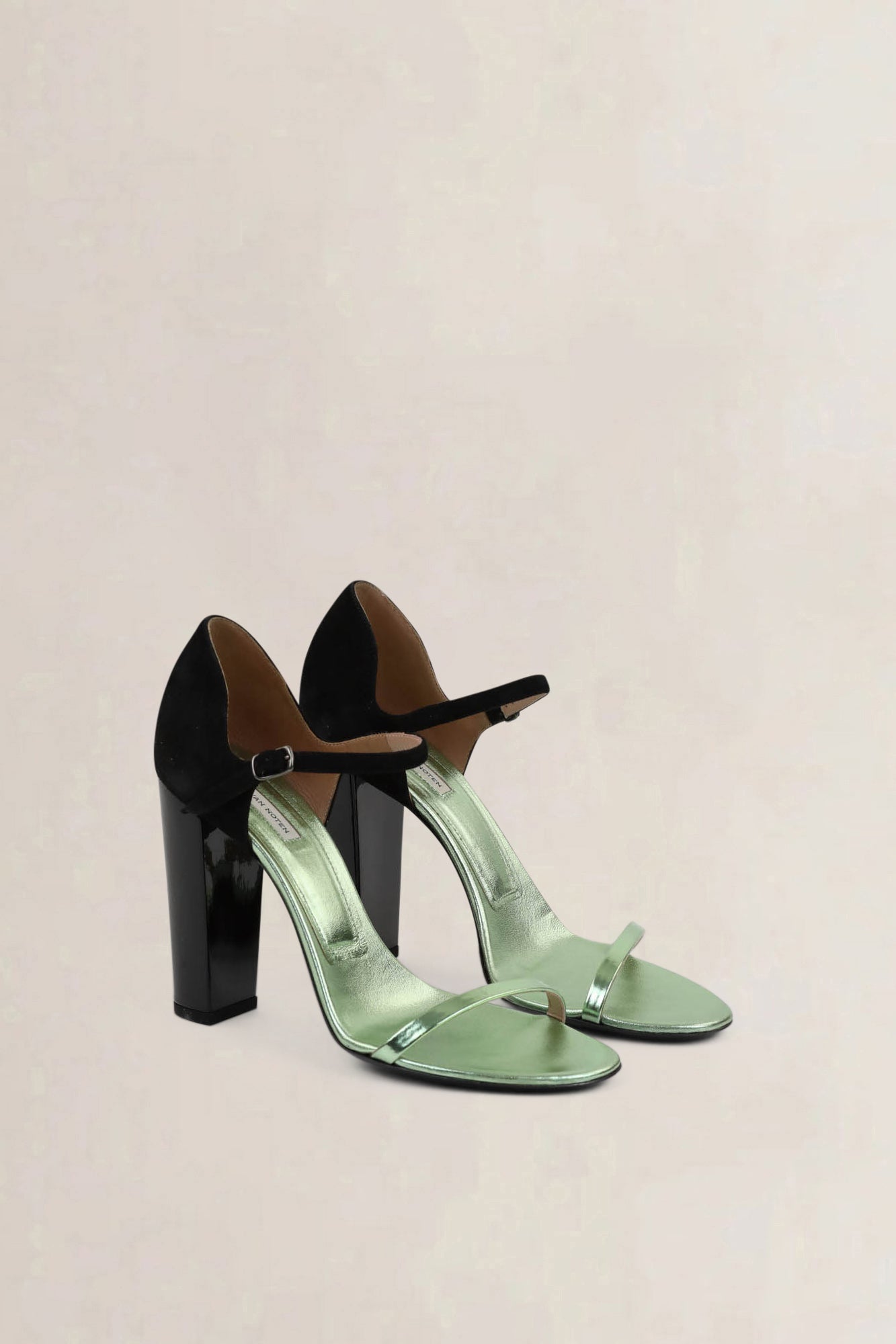 Dries Van Noten Black/Green Metallic Block Heel Sandals