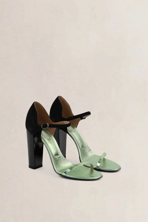 Dries Van Noten Black/Green Metallic Block Heel Sandals