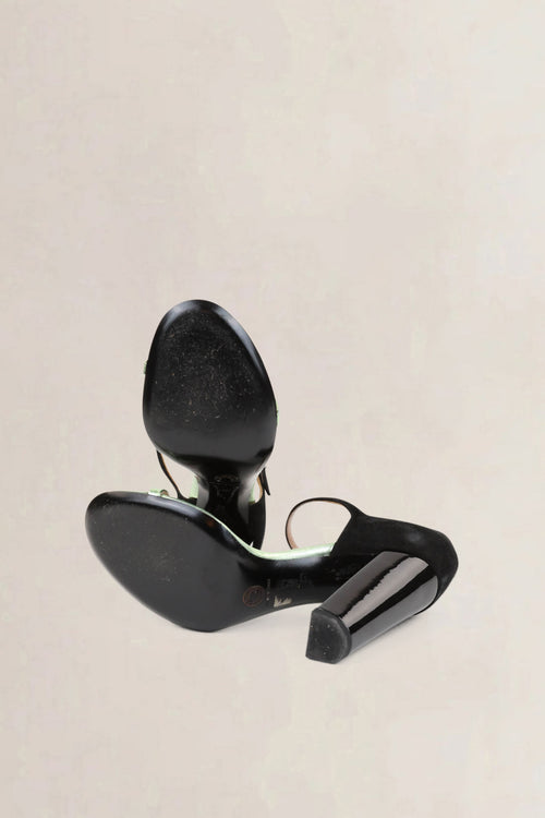 Dries Van Noten Black/Green Metallic Block Heel Sandals