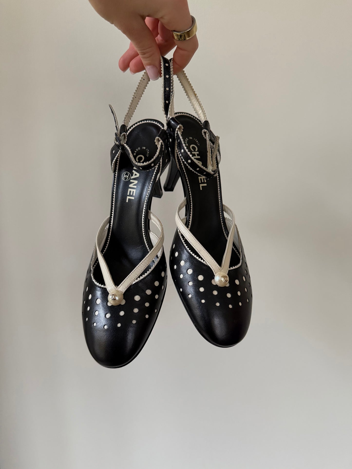 Chanel Black/White Slingback Heels