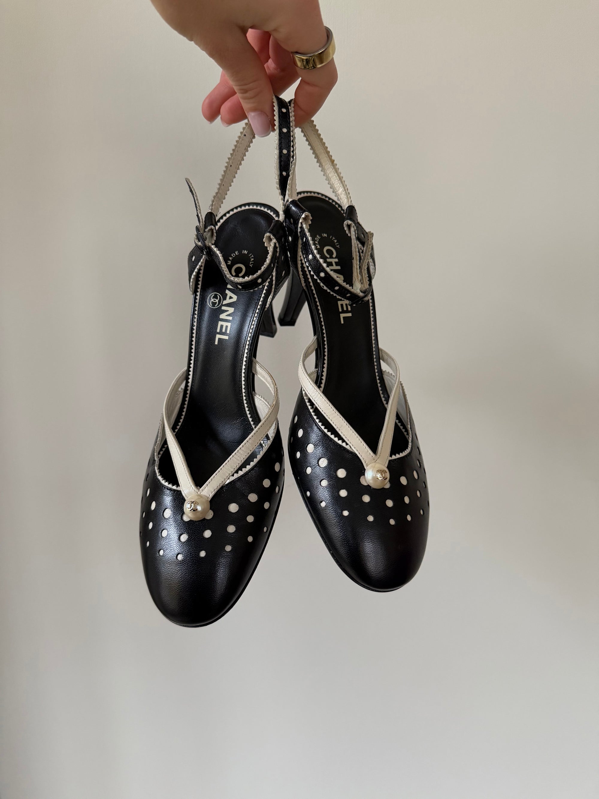 Chanel Black/White Slingback Heels
