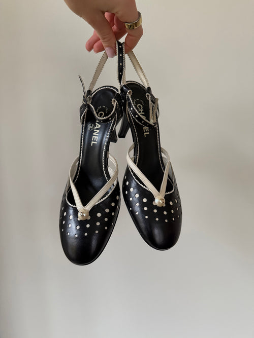 Chanel Black/White Slingback Heels