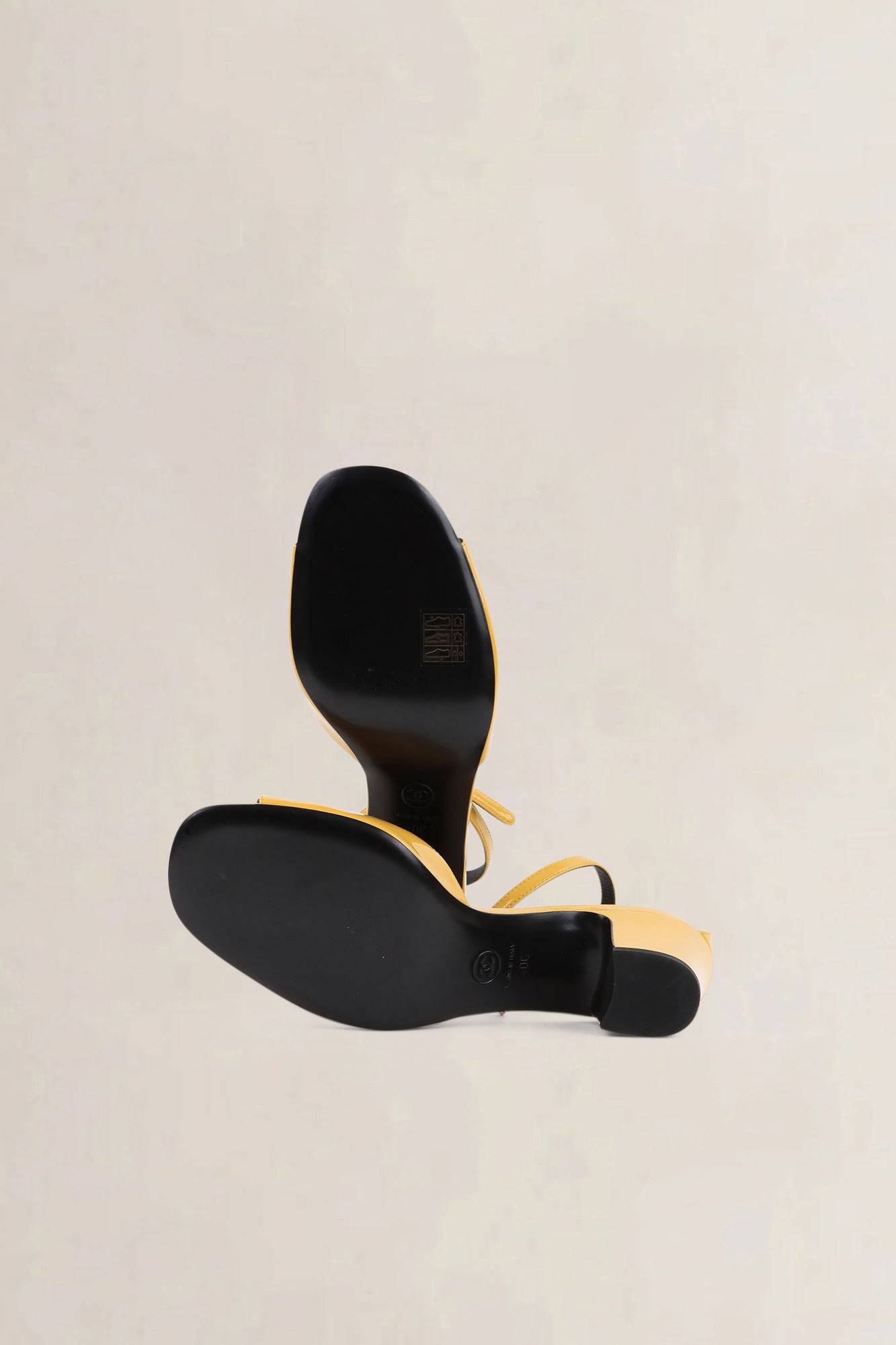 Chanel Yellow Patent Leather CC Ankle Strap Sandals