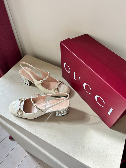 Gucci Ivory Lady Horsebit Crystal Embellished Mary Jane Pumps